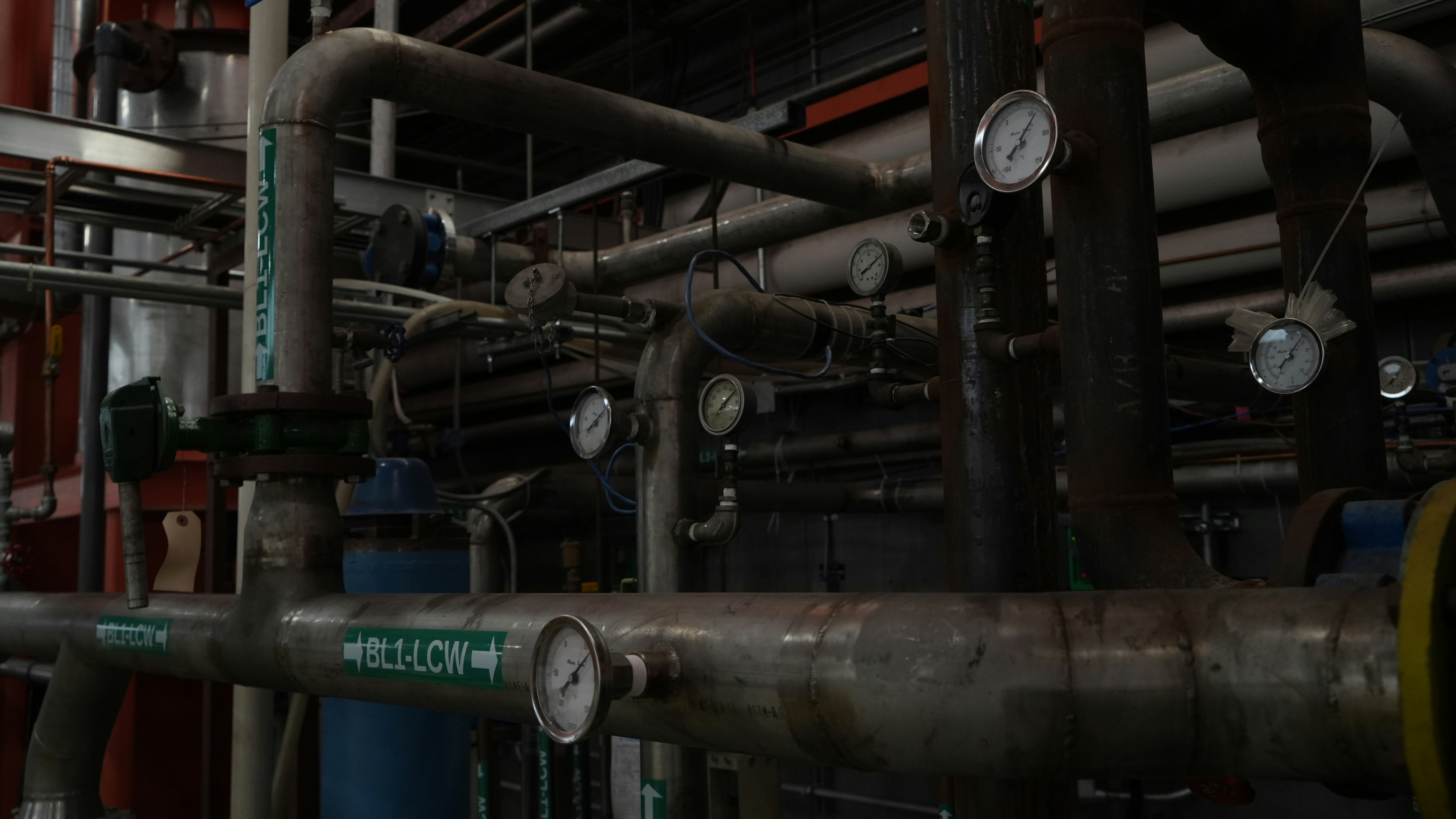 Pipework fitted with thermometers and pressure gauges